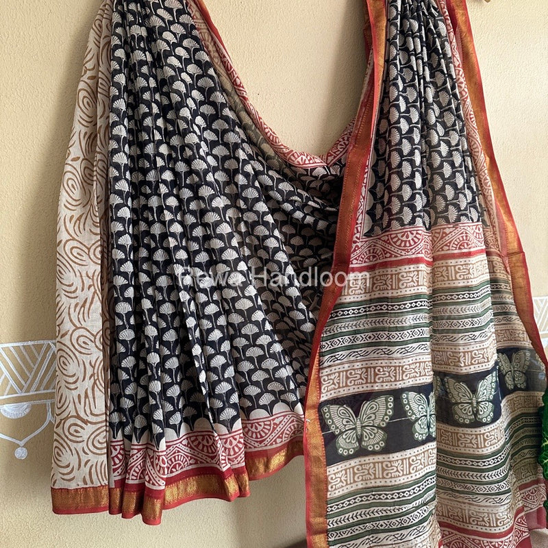 Black Chanderi Printed Zari Border Saree MCPS04