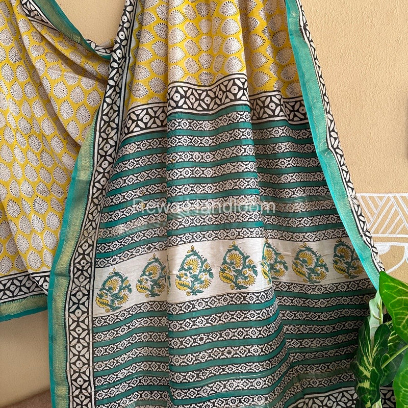 Yellow Chanderi Printed Zari Border Saree MCPS07