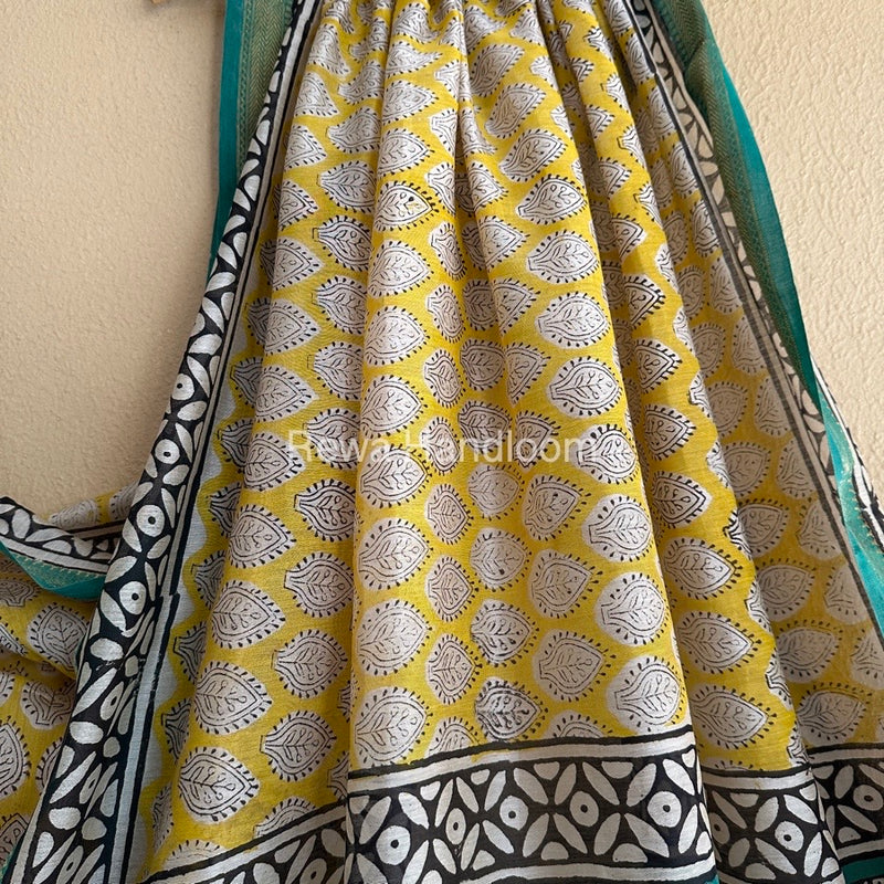 Yellow Chanderi Printed Zari Border Saree MCPS07