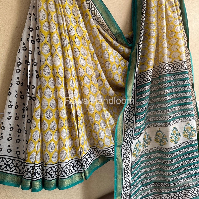 Yellow Chanderi Printed Zari Border Saree MCPS07