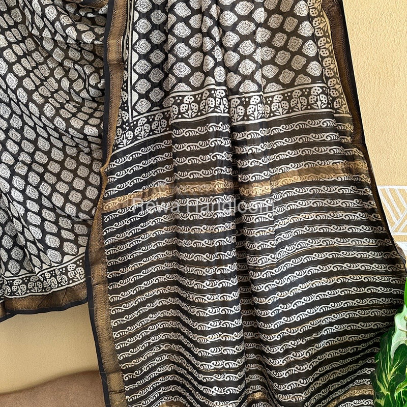 Black Chanderi Printed Zari Border Saree MCPS08
