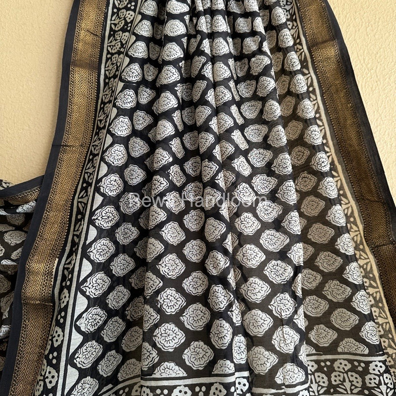 Black Chanderi Printed Zari Border Saree MCPS08