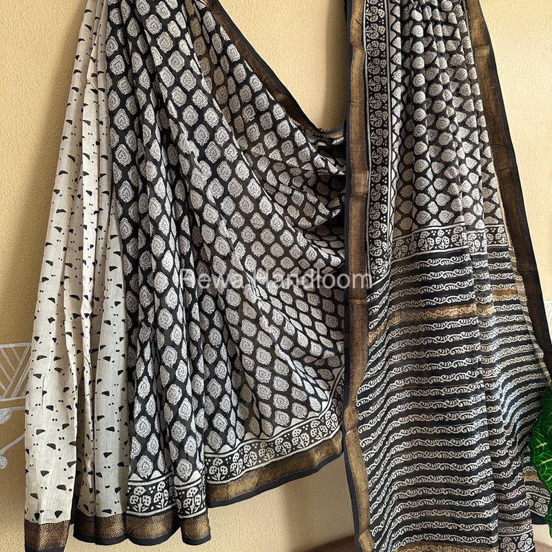 Black Chanderi Printed Zari Border Saree MCPS08