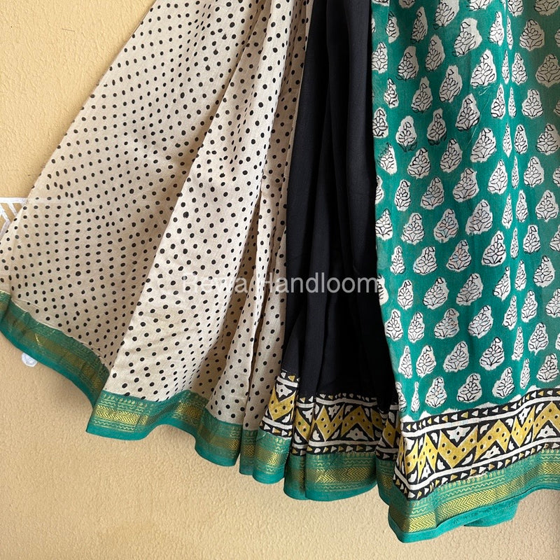 Teal Green Chanderi Printed Zari Border Saree MCPS05