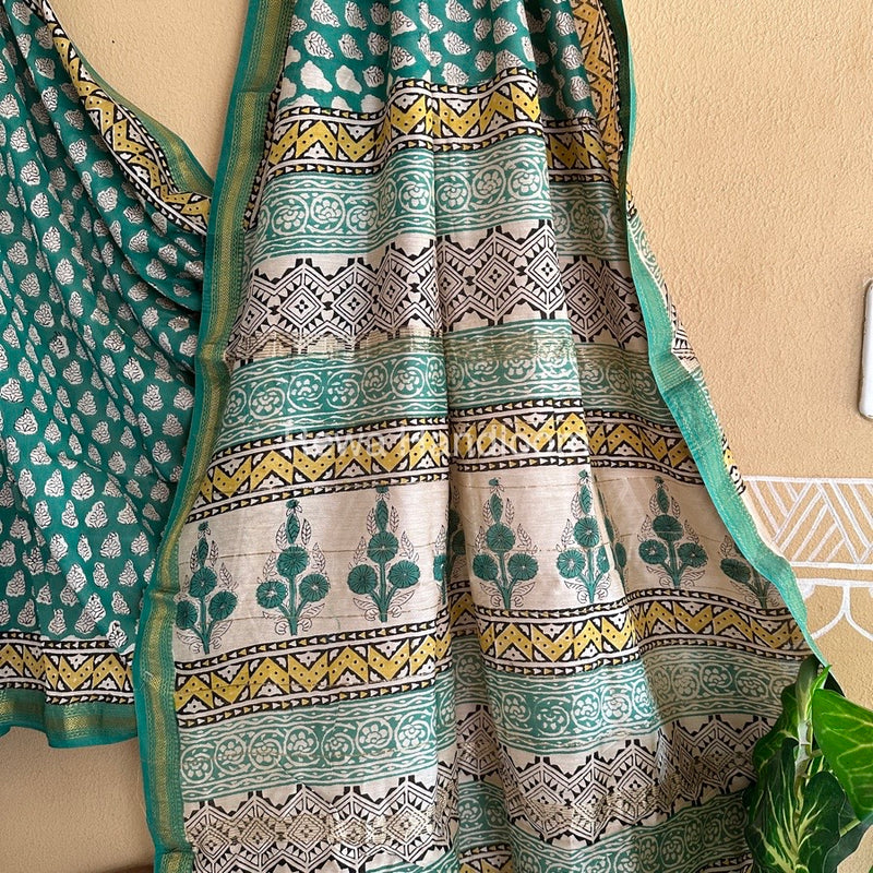 Teal Green Chanderi Printed Zari Border Saree MCPS05
