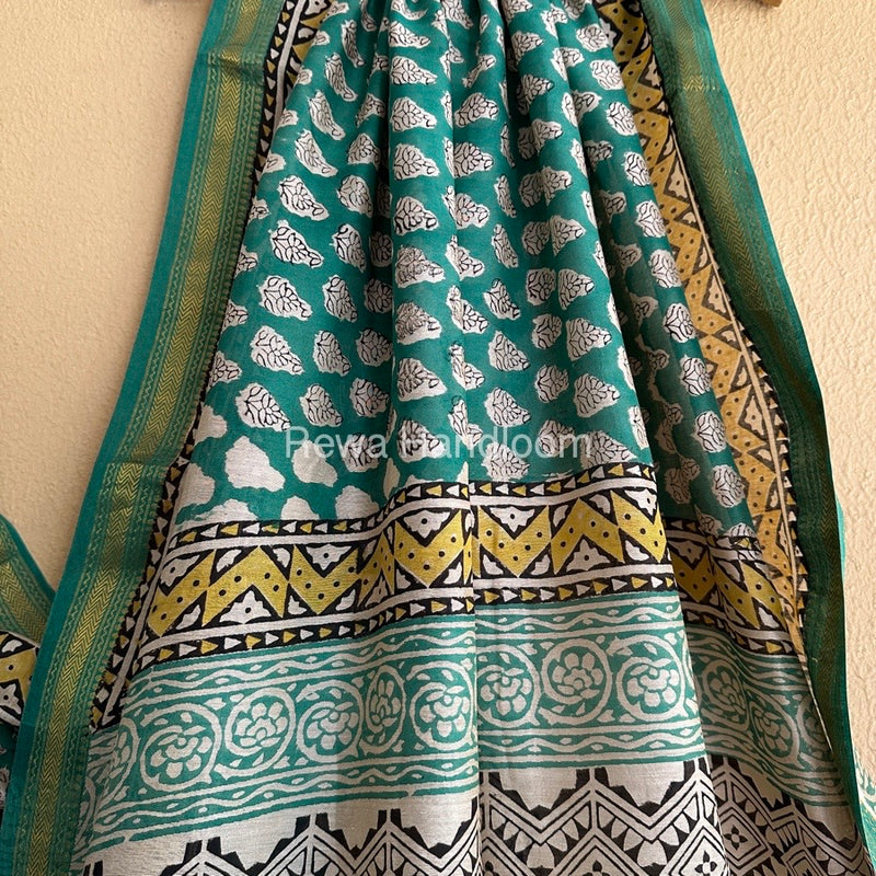 Teal Green Chanderi Printed Zari Border Saree MCPS05