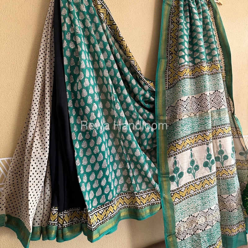 Teal Green Chanderi Printed Zari Border Saree MCPS05