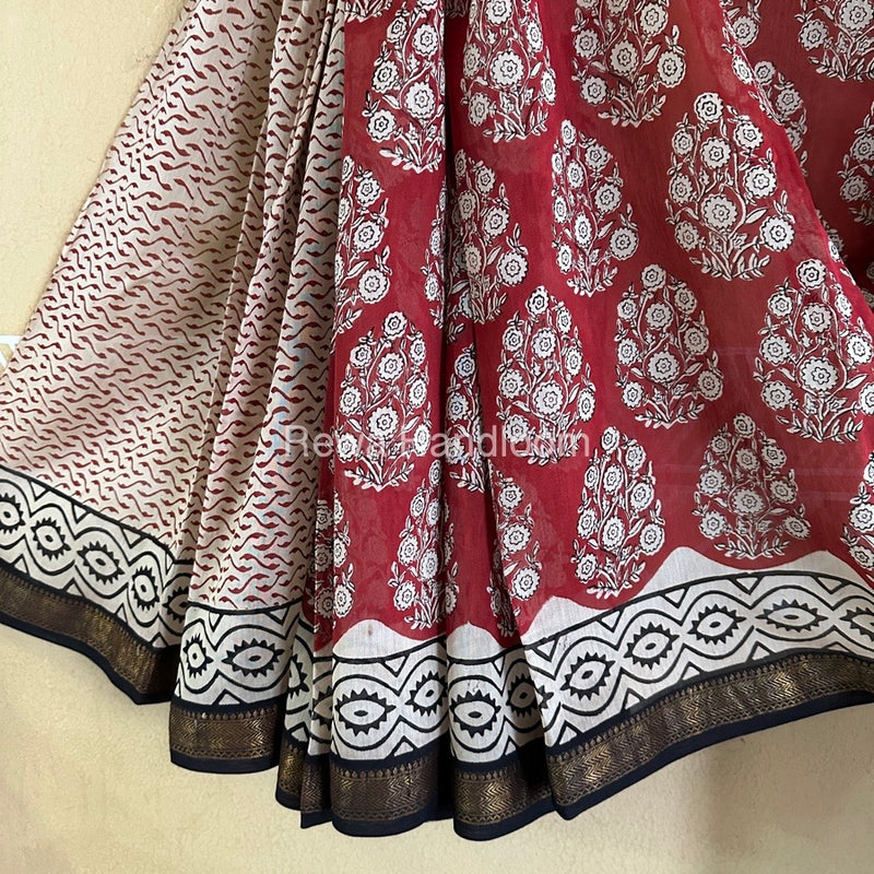 Red Chanderi Printed Zari Border Saree MCPS01