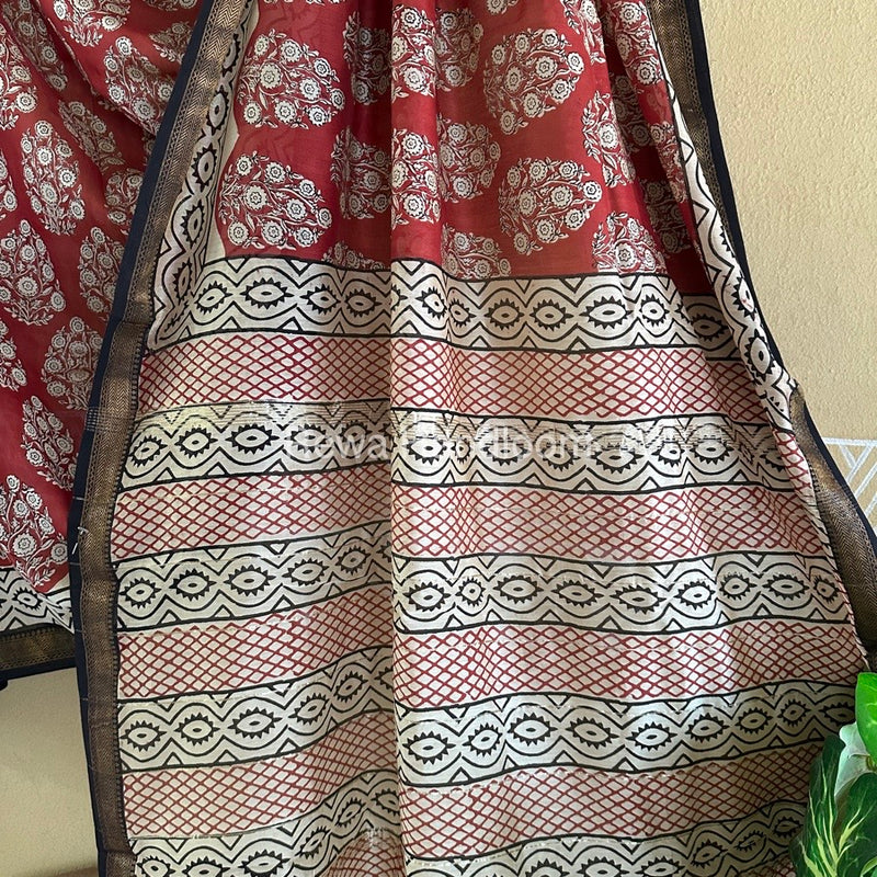 Red Chanderi Printed Zari Border Saree MCPS01