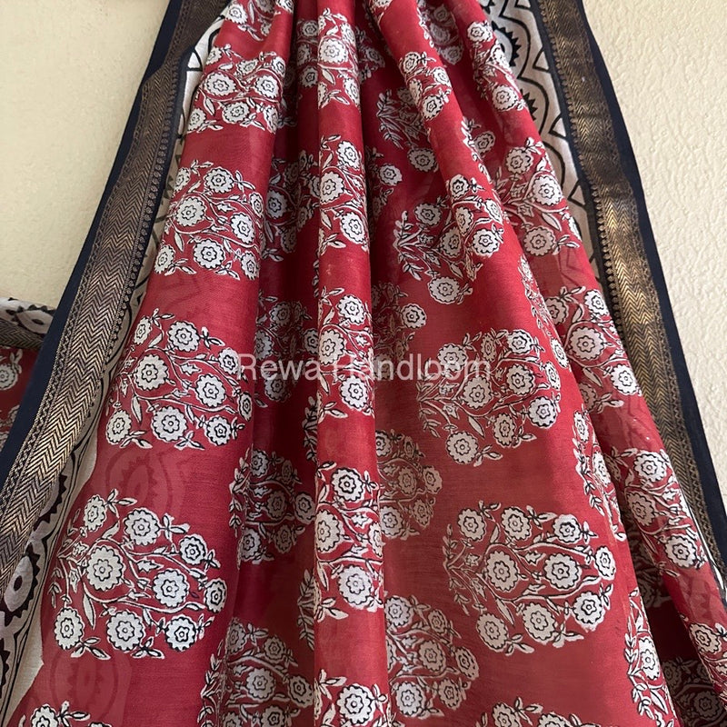 Red Chanderi Printed Zari Border Saree MCPS01