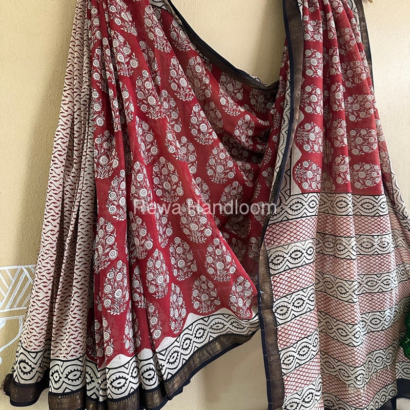 Red Chanderi Printed Zari Border Saree MCPS01