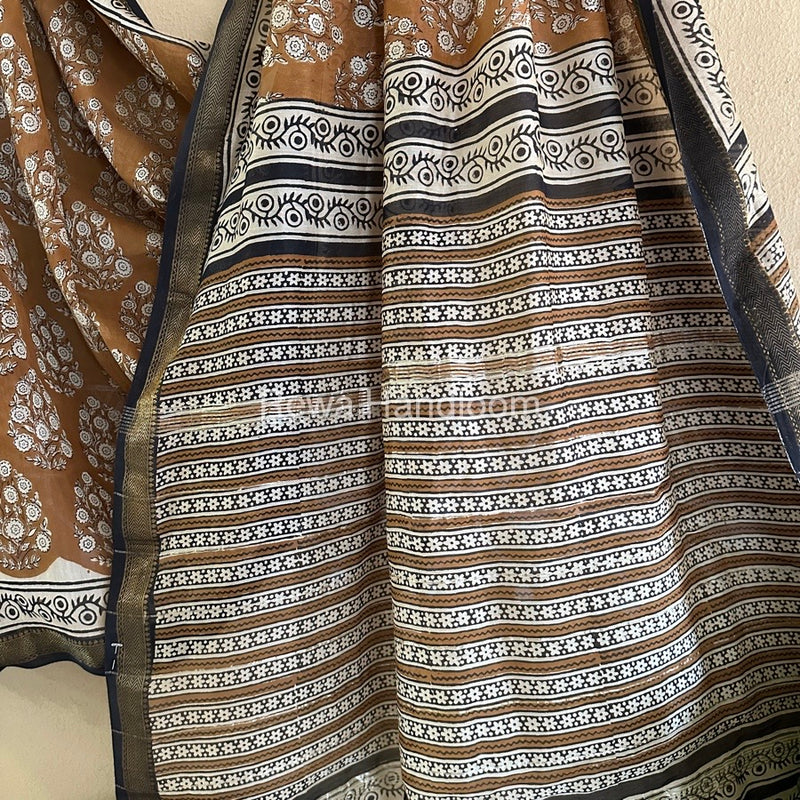 Brown Chanderi Printed Zari Border Saree MCPS02