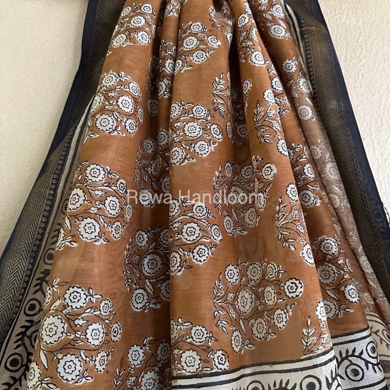 Brown Chanderi Printed Zari Border Saree MCPS02