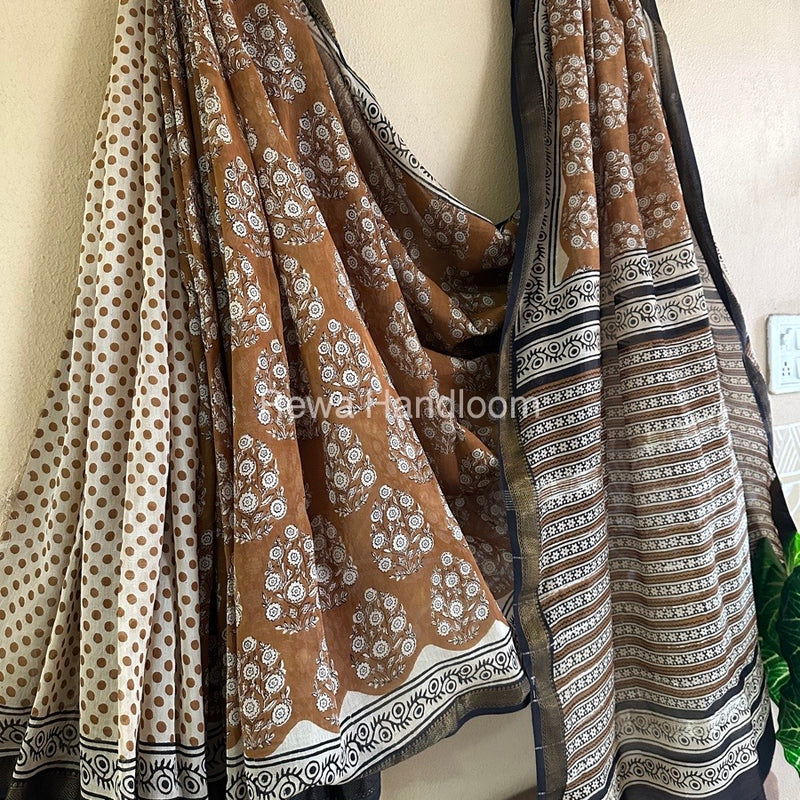 Brown Chanderi Printed Zari Border Saree MCPS02
