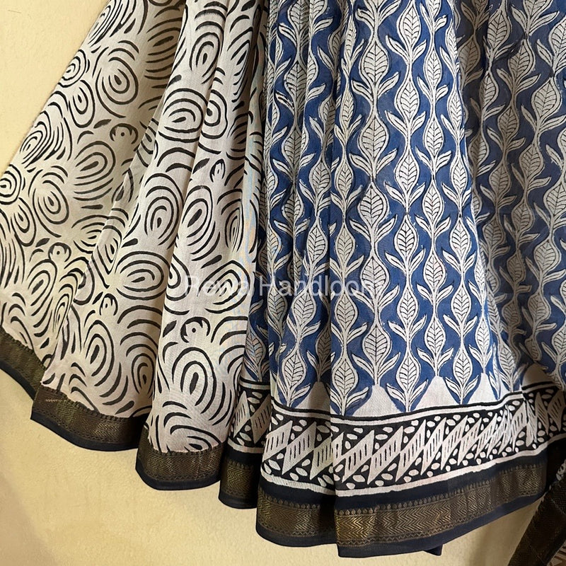 Blue Chanderi Printed Zari Border Saree MCPS015