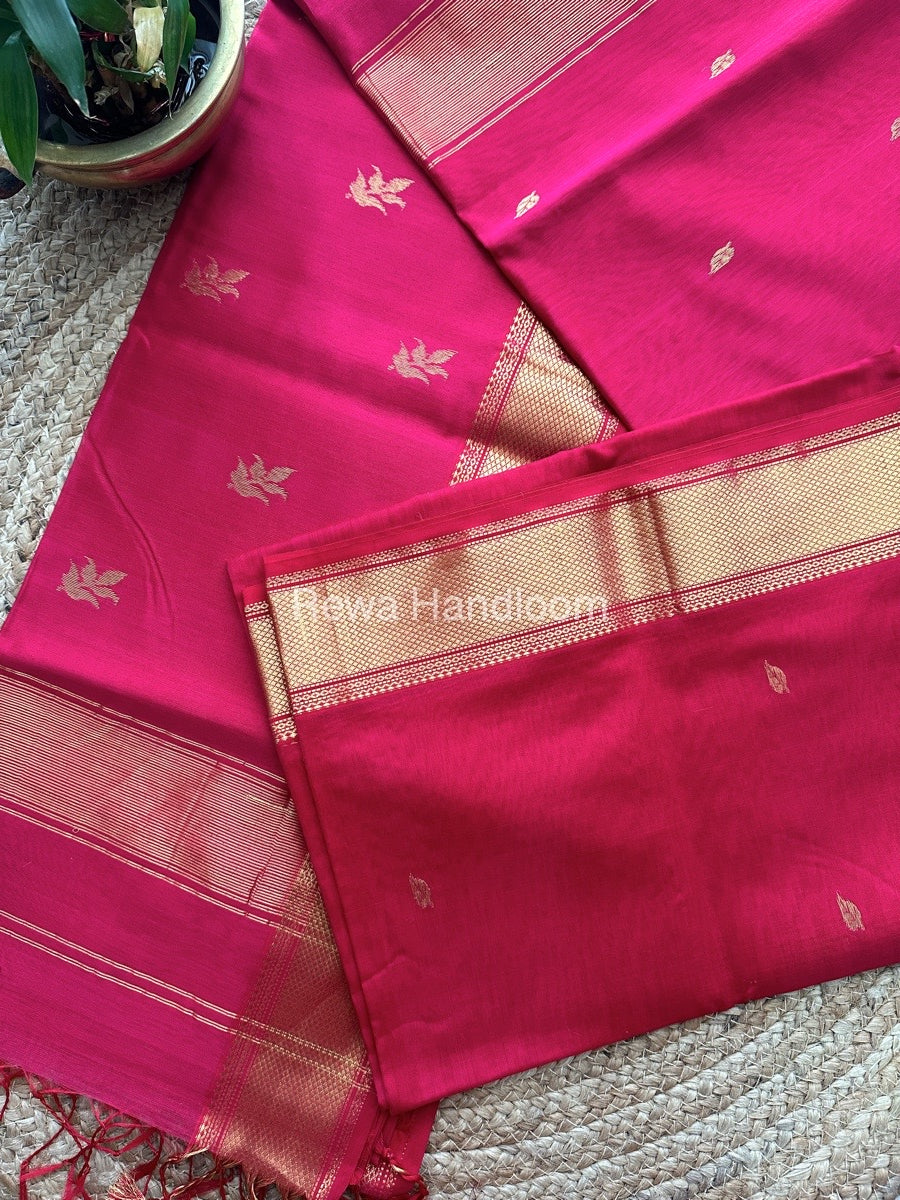 Rani Pink Butta Pallu Zari Border Maheshwari Saree ZBB016