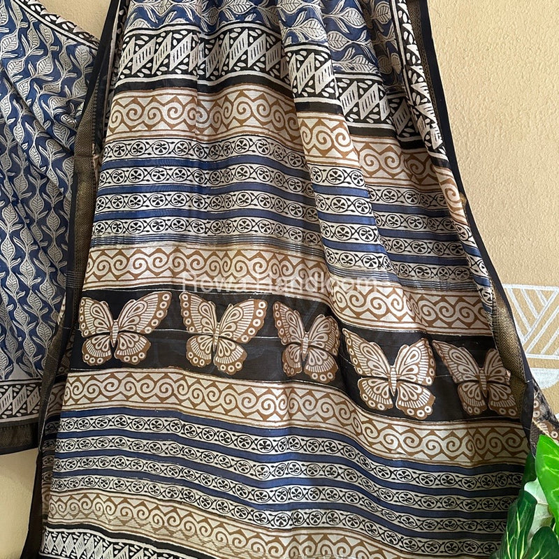Blue Chanderi Printed Zari Border Saree MCPS015