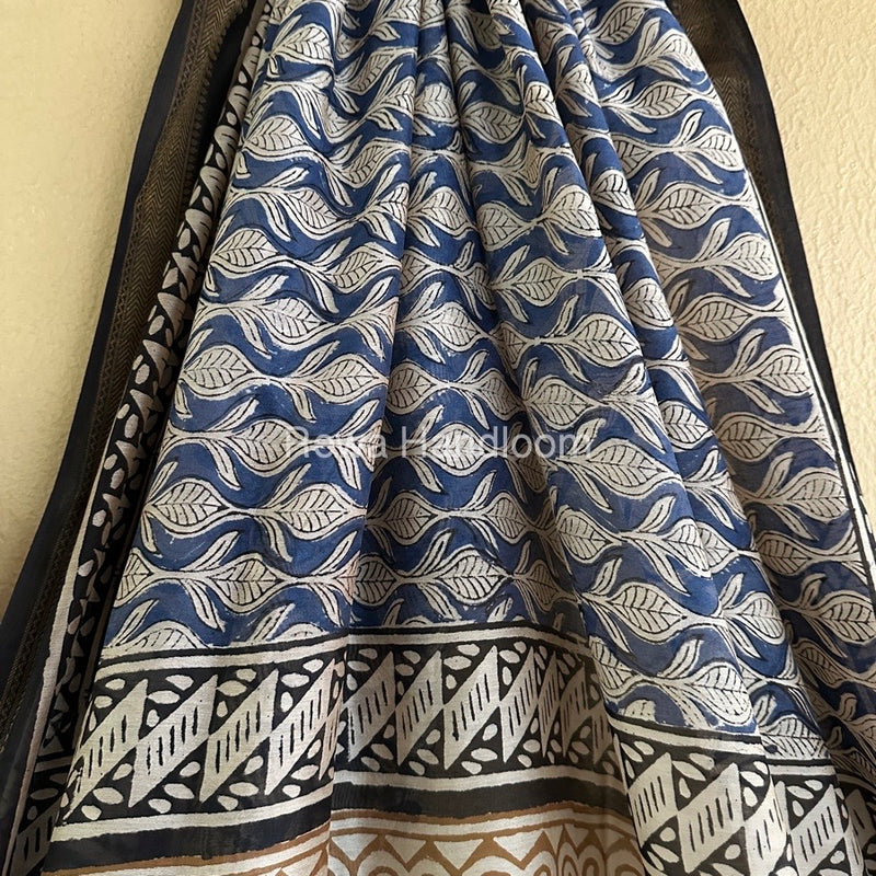 Blue Chanderi Printed Zari Border Saree MCPS015