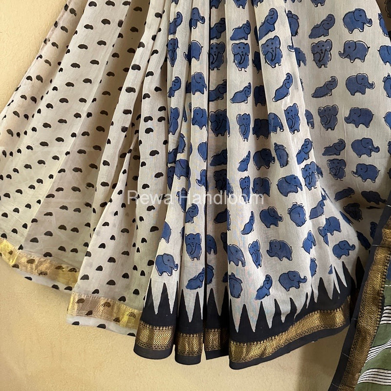 Off White Chanderi Printed Zari Border Saree MCPS020
