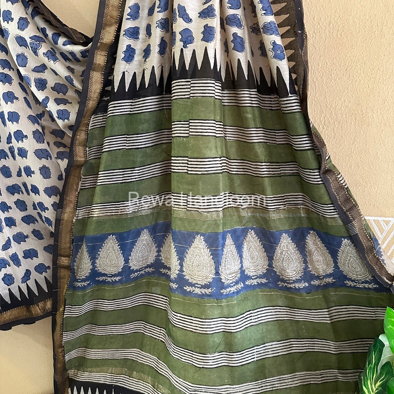Off White Chanderi Printed Zari Border Saree MCPS020