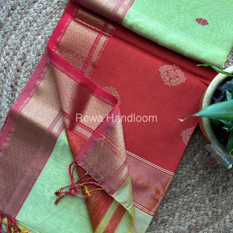 Light Pista Green Butta Pallu Zari Border Maheshwari Saree ZBB013