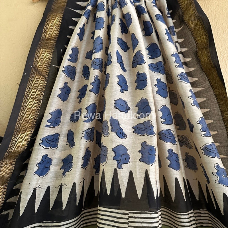 Off White Chanderi Printed Zari Border Saree MCPS020
