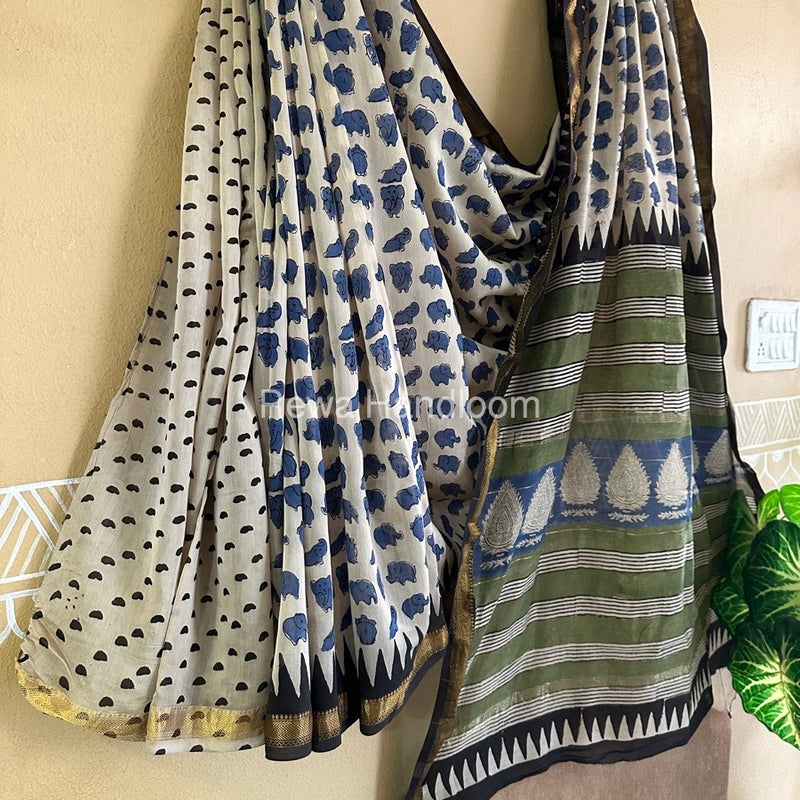Off White Chanderi Printed Zari Border Saree MCPS020