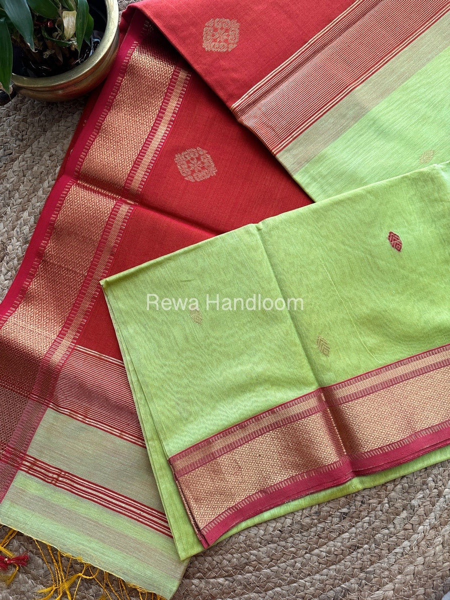 Light Pista Green Butta Pallu Zari Border Maheshwari Saree ZBB013