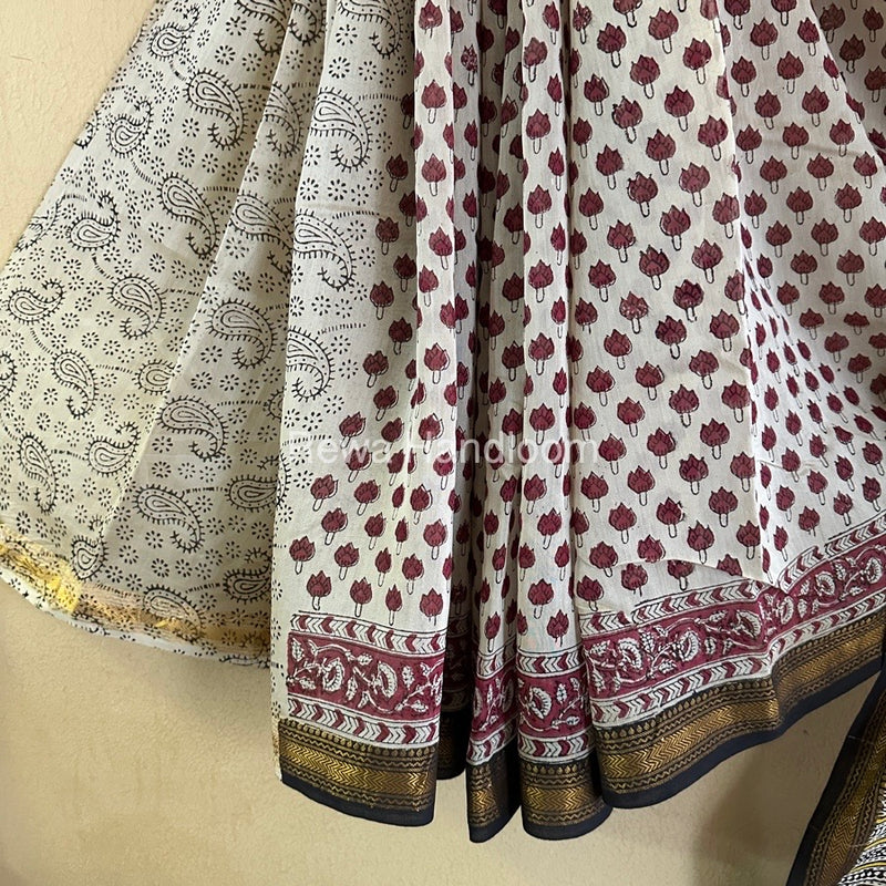 Cream White Chanderi Printed Zari Border Saree MCPS021