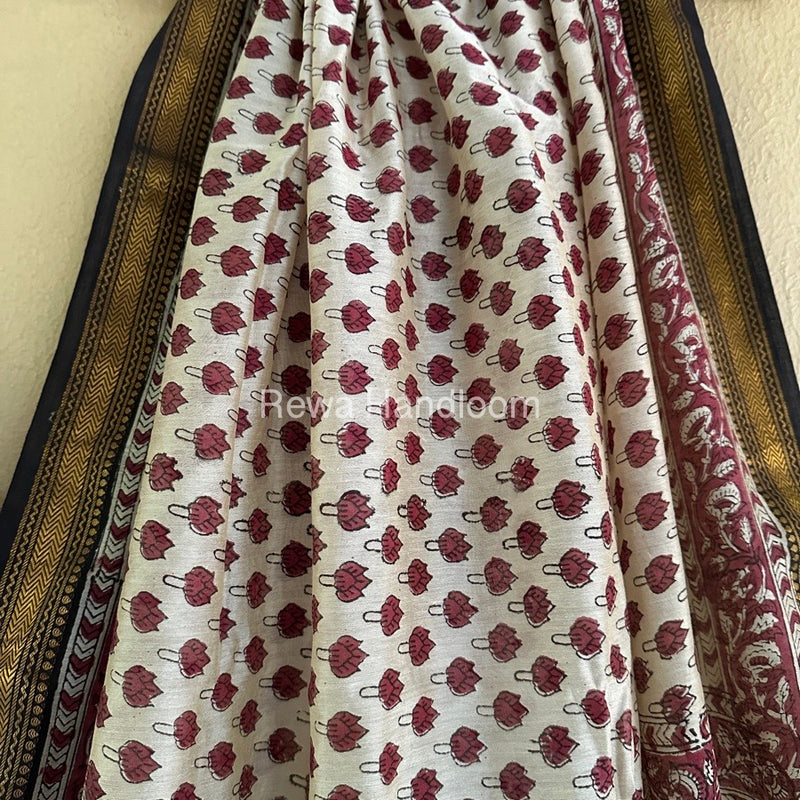 Cream White Chanderi Printed Zari Border Saree MCPS021