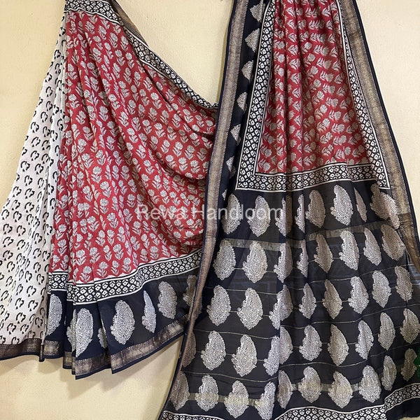  Chanderi Printed Zari Border Saree