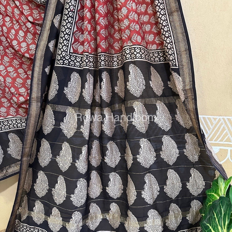 Red Chanderi Printed Zari Border Saree MCPS022