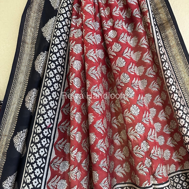 Red Chanderi Printed Zari Border Saree MCPS022