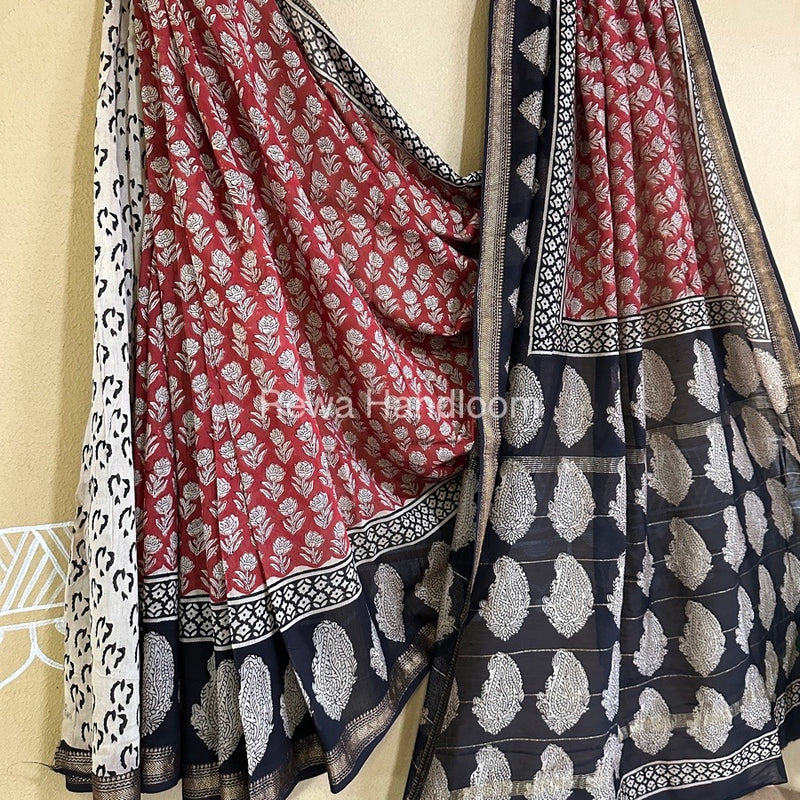 Red Chanderi Printed Zari Border Saree MCPS022