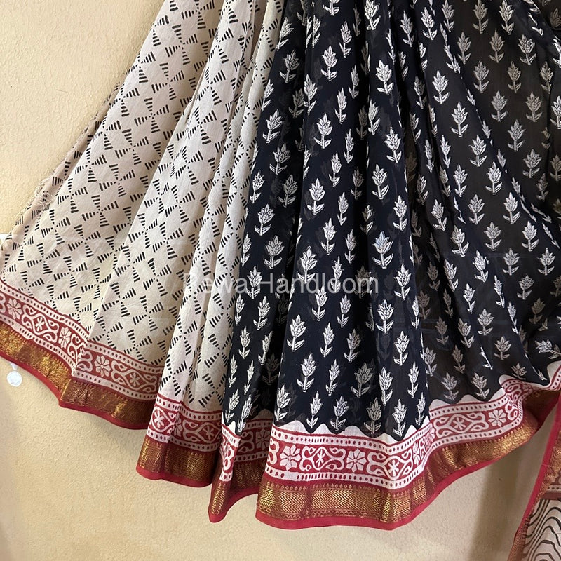 Black Chanderi Printed Zari Border Saree MCPS023