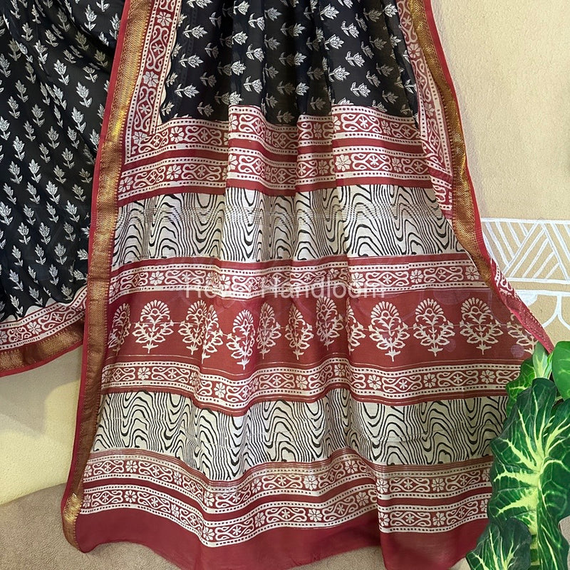 Black Chanderi Printed Zari Border Saree MCPS023