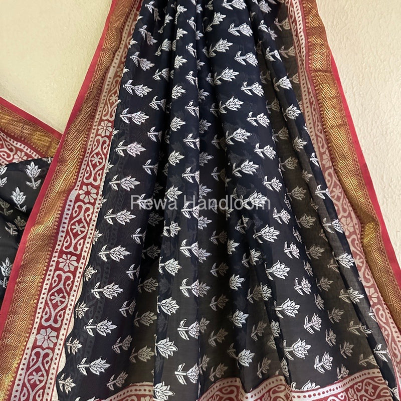 Black Chanderi Printed Zari Border Saree MCPS023