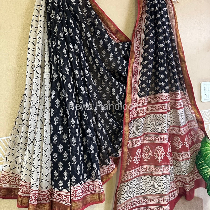 Black Chanderi Printed Zari Border Saree MCPS023