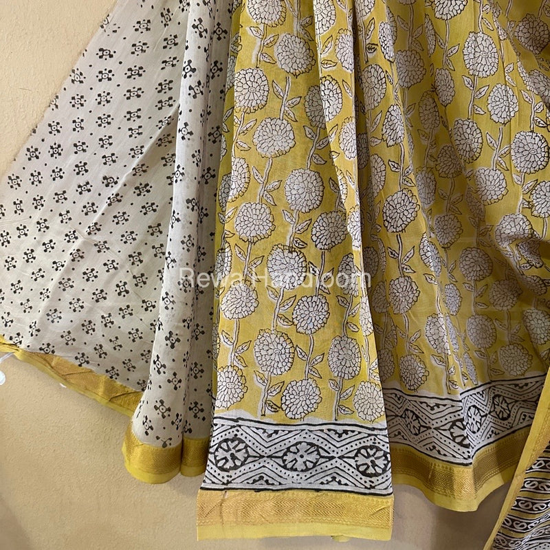 Yellow Chanderi Printed Zari Border Saree MCPS024