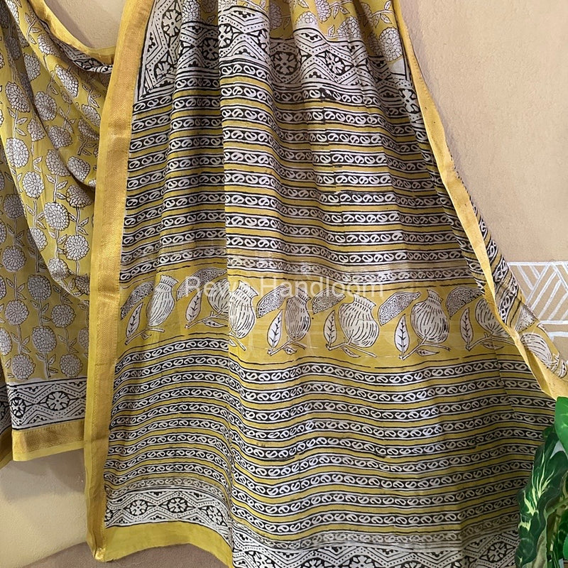 Yellow Chanderi Printed Zari Border Saree MCPS024