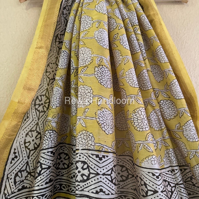 Yellow Chanderi Printed Zari Border Saree MCPS024