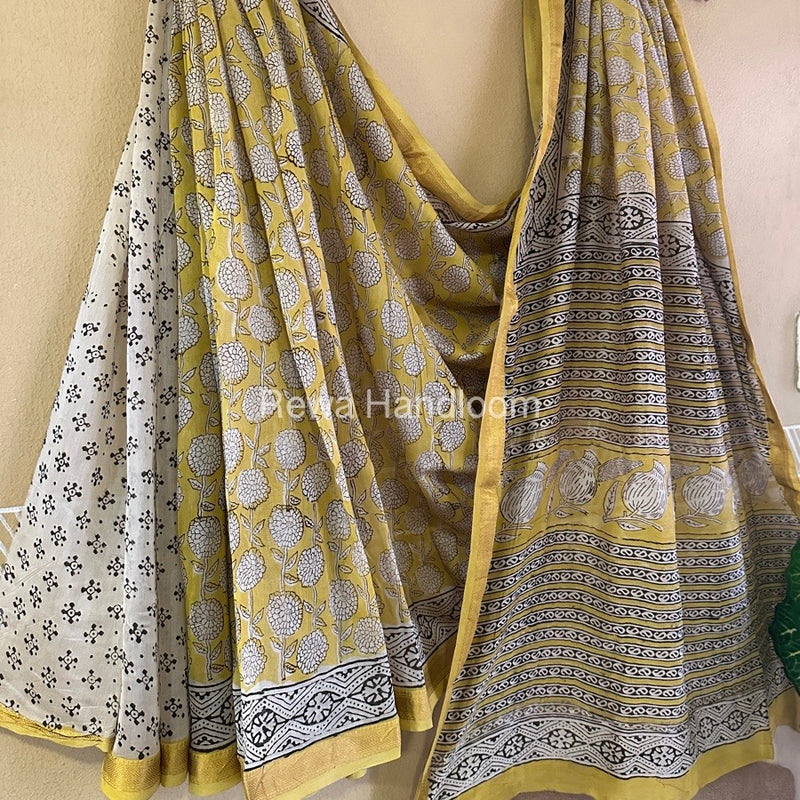Yellow Chanderi Printed Zari Border Saree MCPS024