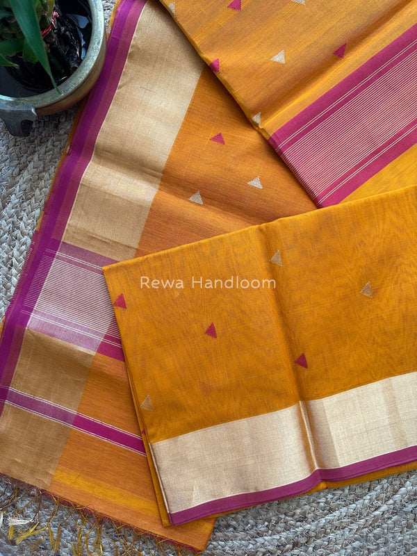 Mustard Yellow Zari Triangle Butti Maheshwari Saree SB052