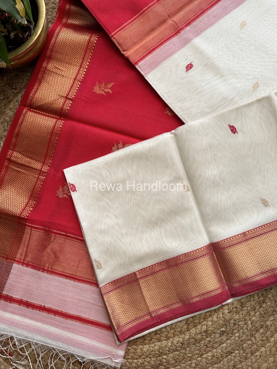 White Butta Pallu Zari Border Maheshwari Saree ZBB020