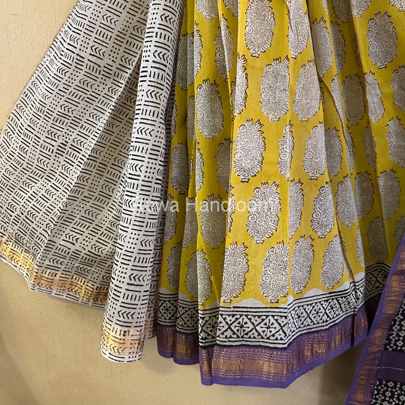 Yellow Chanderi Printed Zari Border Saree MCPS018