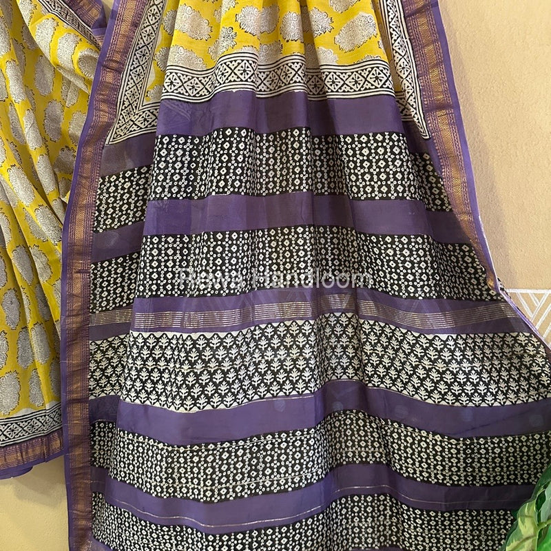 Yellow Chanderi Printed Zari Border Saree MCPS018
