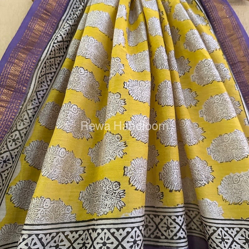 Yellow Chanderi Printed Zari Border Saree MCPS018