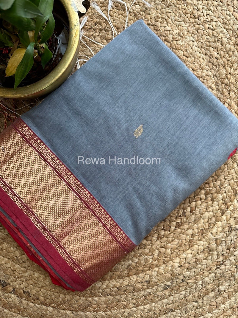   Grey Butta Butti Zari Border Maheshwari Saree ZBB018