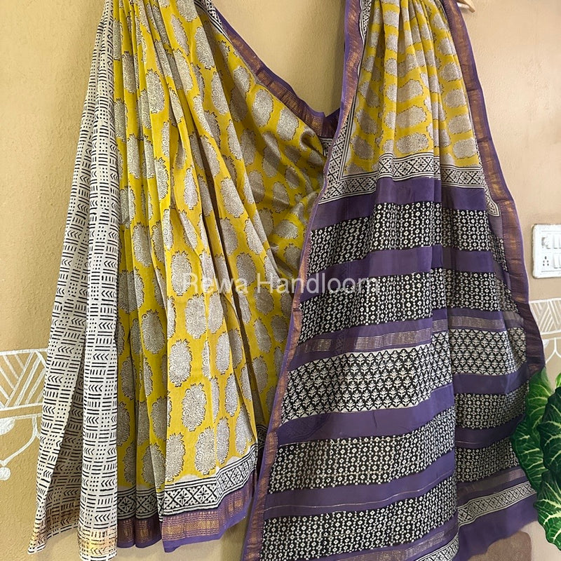 Yellow Chanderi Printed Zari Border Saree MCPS018