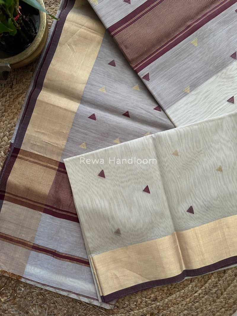 Cream White Zari Triangle Butti Maheshwari Saree SB048